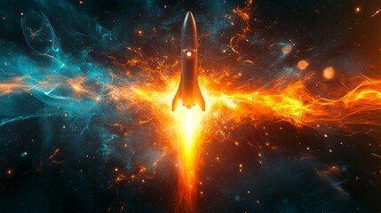 Aufkleber - A rocket ascends into the depths of space, trailing bright flames and surrounded by a spectacular display of cosmic colors