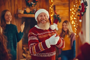 Joyful bearded man in santa hat celebrating christmas with friends indoors