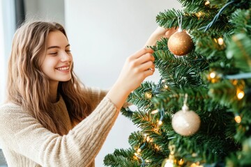 Joyful young woman decorating christmas tree with ornaments and lights indoors