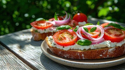 Sticker -   A zoomed-in shot of a platter filled with juicy tomatoes and various toppings, placed on a rustic wooden table surrounded by lush greenery