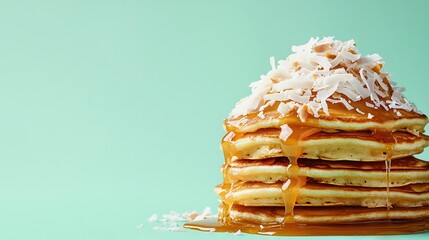 Wall Mural -   Pancake tower on light blue plate, drizzled with syrup, and sprinkled with flakes