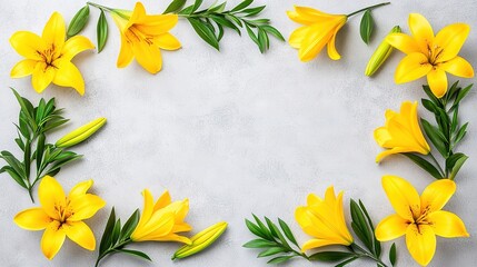 Wall Mural -   A circle of yellow flowers on a white surface with green leaves surrounding it