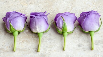 Wall Mural -   Five purple roses sit atop a white countertop, adjacent to each other on a tiled floor