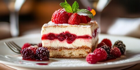 Poster - Indulge in a delicious dessert that captures the essence of sweetness. This beautiful layered cake features fresh raspberries on top. Perfect for a celebration or cozy gathering. AI