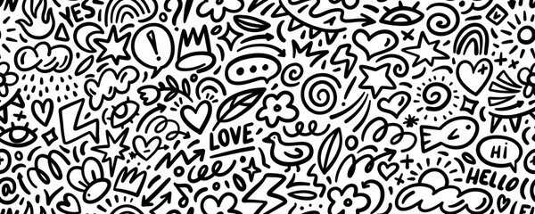 Childish doodle funky seamless pattern with cute illustrations.