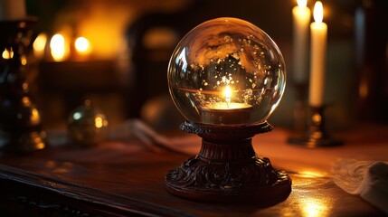 glowing crystal ball resting on an ornate wooden stand,, candlelight illuminating the scene