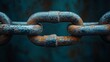 © Joachim - A close-up photograph of a large, weathered chain link with visible rust and texture set against a blurred, dark blue background, evoking strength and endurance.