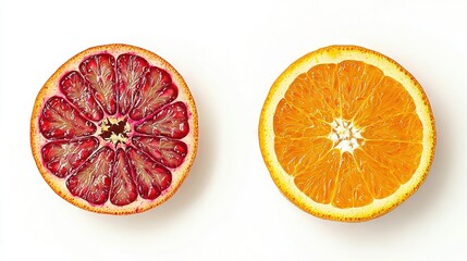 Poster -   A grapefruit cut in half and a blood orange cut in half on a white surface