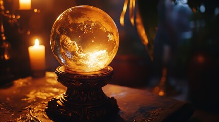 glowing crystal ball resting on an ornate wooden stand,, candlelight illuminating the scene