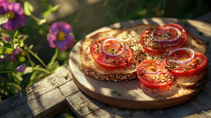 Canvas Print -   A close-up of a sandwich with tomatoes and onions on a wooden board on a table with flowers in the background