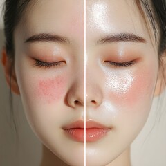 A close-up of the face with red blemishes on it, an Asian woman's skin after using an oil for treatment