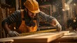 © Eric - A portrait of a carpenter measuring a plank with precision using a tape measure.