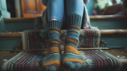 Canvas Print - Cozy Knitted Socks on a Rustic Staircase