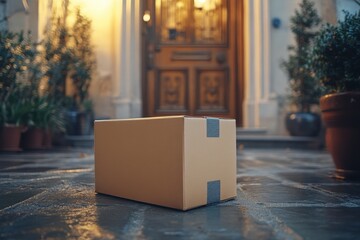 A brown cardboard box is sitting on a porch