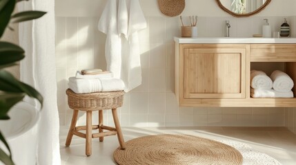 Wall Mural - A bright and inviting bathroom showcases a wooden vanity with neatly stacked towels, a woven stool, and a round rug, all bathed in warm sunlight filtering through the window.