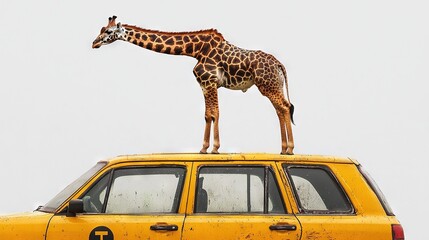 Canvas Print -   A giraffe standing tall on a yellow car, turning its head to the side