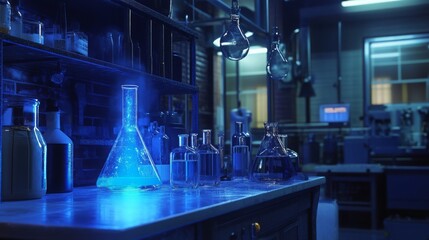 Poster - A laboratory filled with various glass containers, some glowing with a blue light