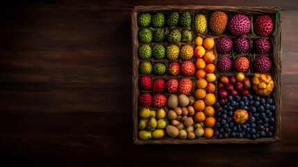 Wall Mural - A colorful display of exotic fruits fills a bamboo basket, featuring whole and halved pieces like mangosteens, rambutans, and dragon fruits against a natural straw backdrop