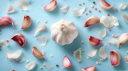 Wall Mural -   Blue surface, clustered garlic kernels