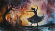 © Thiago - Watercolor artistic image of a delicate queen dances with a shadow, it is night, on the horizon there is a lock made entirely of mud. Nymph Queen. Illustration