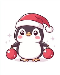 Wall Mural - Cute cartoon penguin wearing a santa hat and holding christmas baubles, perfect for festive designs and holiday greetings