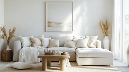 Poster - A cozy living room features a plush, neutral-toned couch adorned with soft pillows, complemented by natural decor. Sunlight floods the area, enhancing the relaxed atmosphere with decorative plants.