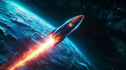 Aufkleber - A rocket ascends powerfully from Earth's surface, propelled by bright flames. The vastness of space surrounds it, filled with distant stars. This moment captures the thrill of space exploration.