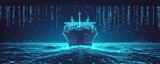 A blue tanker ship on a digital hi-tech futuristic background is a metaphor for global logistics tracking. A big data economy. AI VR holograms are integrated.