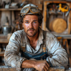 portrait of a  carpenter working in his workshop close up man in his studio