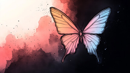 Wall Mural - A delicate butterfly with wings of pink and blue soars against a watercolor background.