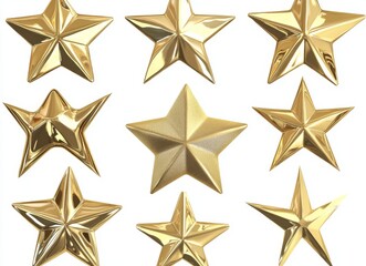 The set of 12 golden stars is isolated on a transparent background, stock photo