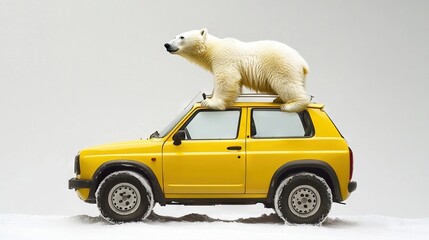 Wall Mural -   A polar bear perched atop a yellow vehicle on a snowy road against a white backdrop