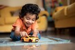 © miss irine - Young child plays with toy car on blue rug in home room. Happy boy in orange shirt holds yellow car in small hands. Joyful expression on child face. Yellow couch and blue rug create warm atmosphere.