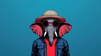 Sticker - A cool elephant wearing a straw hat, sunglasses, and a denim jacket.