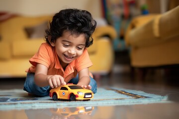 young child plays with toy car on blue rug in home room. happy boy in orange shirt holds yellow car 