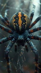 Canvas Print - Close-Up Macro Photography of a Spider on a Web with Dew Drops