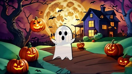 Wall Mural - halloween house with jack o lanterns and ghost 4k loop features an a.i. generated video of a cute ha