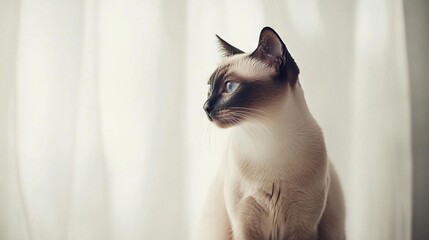 Wall Mural -   A Siamese cat lounging on a table near a window with a white curtain as its backdrop