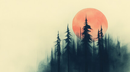 Wall Mural - A large, orange sun sets behind a silhouette of a forest.  The trees stand tall against the bright sky.