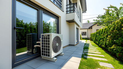 an outdoor air conditioning unit situated on a patio next to a modern house. The unit is positioned near a wall with large glass doors that lead into the house