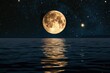 © shobakhul - A large blue moon is floating above a calm body of water, generative ai image