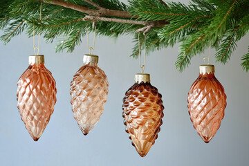 vintage inspired glass pine cone ornaments hanging on a christmas tree