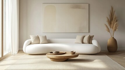 Poster - A white sofa with soft beige pillows sits in a modern living room. The sofa is in front of a large wall with a beige painting on it