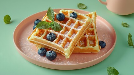 Sticker -   Two waffles on a pink plate with blueberries and mint sprinkles on a green table