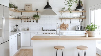 Leinwandbilder - A well-designed kitchen showcases white cabinets and wooden countertops. Open shelving displays plants and utensils, enhancing the bright, airy atmosphere perfect for cooking and socializing.