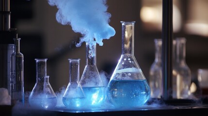 Leinwandbilder - A close-up view of a laboratory experiment with five beakers, some filled with blue liquid and emitting blue smoke. The beakers are arranged on a table in front of a blurred background.