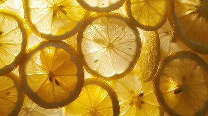 Poster -   A group of lemon slices on a table with a pile of other lemon slices