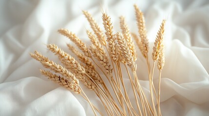 Poster -   Wheat stalks on white tablecloth against blurred foreground background