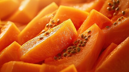 Wall Mural -   Close-up of a sliced melon with seeds on top and bottom of cuts