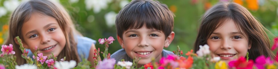 Sticker - Three children are smiling and looking at the camera in a field of flowers. Scene is happy and carefree